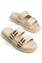 Women's Wedge Heel Slipper Beige Two-Stripe m Metal Buckle I