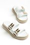 Women's Wedge Heel Slipper White Two-Stripe m Metal Buckle I