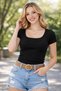 2-Piece Set Women's U-Neck Basic Blouse, Stretchy Corded Fabric Casual T-Shirt, Trend Casual Short Sleeve Blouse, T-Shirt - 3