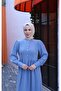Button Detailed Pleated Hijab Dress Blue Hnt8528 - 6