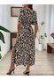 Women's Short Sleeve V-Neck Elastic Waist Slit Long Leopard Printed Piece Single Jersey Dress, Summer Dress - 6