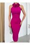 Fuchsia Halter Neck Floral Detailed Pearled Midi Evening Dress - 5
