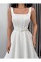 White Lace Embroidered Sequined K Belt I Square Neck Evening Dress - 5