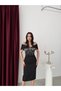 Black Boat Neck Stone Embroidered Midi Evening Dress - 3
