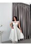 White Shoulder Detail Lace Embroidered Sequined Midi Evening Dress - 4