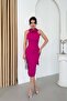 Fuchsia Halter Neck Floral Detailed Pearled Midi Evening Dress