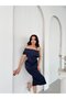 Navy Boat Neck Midi Evening Dress with Waist Detail - 3