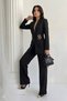 Women's Black Suit Gold Belt Piece Padded Shoulders Blazer Jacket Wide-Leg Pants Set - 2