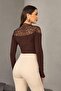 Lace piece cardigan blouse coffee - 4