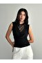 Lace piece drape collar sleeveless blouse black