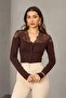Lace piece cardigan blouse coffee - 3