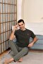 Men's Khaki Green Buttonless Crew Neck Striped Jacquard Cotton Lycra Short Sleeve Pocketed Pajama Set - 4