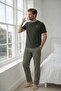 Men's Khaki Green Buttonless Crew Neck Striped Jacquard Cotton Lycra Short Sleeve Pocketed Pajama Set - 5