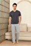 Men's Anthracite Striped V-Neck Buttonless Jacquard Cotton Lycra Short Sleeve Pocketed Pajama Set - 7