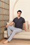 Men's Anthracite Striped V-Neck Buttonless Jacquard Cotton Lycra Short Sleeve Pocketed Pajama Set - 8