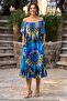 V136-Blue Ethnic Patterned Madonna Collar Dress