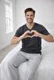 Men's Anthracite Striped V-Neck Buttonless Jacquard Cotton Lycra Short Sleeve Pocketed Pajama Set - 3