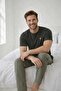 Men's Khaki Green Buttonless Crew Neck Striped Jacquard Cotton Lycra Short Sleeve Pocketed Pajama Set - 3