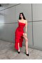 Women's Red Ruffle Detail Slit Strapless Maxi Dress Yel221820 - 5