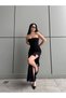 Women's Black Ruffle Detail Slit Strapless Maxi Dress Yel221820 - 3