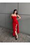 Women's Red Ruffle Detail Slit Strapless Maxi Dress Yel221820 - 3