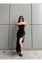 Women's Black Ruffle Detail Slit Strapless Maxi Dress Yel221820 - 4