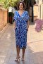 V138 White Blue Striped Bat Sleeve Dress - 2