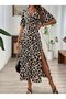 Women's Leopard Printed Piece Long Single Jersey Dress V-Neck Elastic Waist Slit - 2