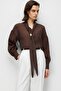 4839 Women's V-Neck Drapey Blouse with Scarf Detail Brown - 3