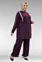 67022 Plus Size Sandy Pants Suit with Stone Detail on the Shoulder - Plum - 2