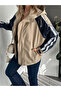 Beige Hooded Trench Coat with Striped Sleeves - 2