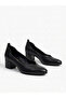 Genuine Leather V-Cut Block Heeled Shoes - Black - 4