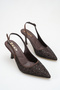 Women's Brown Black Stone Detailed Fabric Evening Dress Stiletto Heeled Shoes