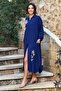 V276 Navy Blue Floral Embroidered Shirt Dress Pants Set - 3