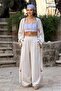 Cream Color Orange Embroidered Linen Kimono Pants Set