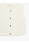 Beige Gold Button Detail And Floral Textured Fabric Slim Fit Crew Neck Vest - 5