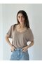 V-Neck Ribbed Knit Drapey T-Shirt Top Women Mink - 6