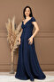 Glittery Boat Neck Long Evening Dress - Dark Blue - 6