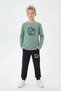 Round Neck Sweatshirt with Elastic Cuffs, Sweatpants, Printed Long Sleeve Boys' Top and Bottom Set - 2