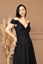 Silvery Fabric Boat Neck Evening Dress - Black - 5