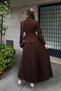 Coffee Embroidery Detailed Jacket Pleated Skirt Women's Suit - 4