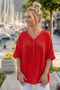 Red V-Neck Short Sleeve Buttoned Collar and Cuff Ruffles Casual Muslin Oversized Woven Blouse 77 70 - 4