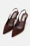 Women's Brown Satin Short-Heeled Shoes with Pointed Toe and Open Back - 2