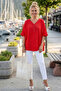 Red V-Neck Short Sleeve Buttoned Collar and Cuff Ruffles Casual Muslin Oversized Woven Blouse 77 70 - 5