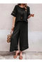 Women's Short Sleeve Crew Neck Tulle Striped Detail Blouse and Trousers Two-Piece Set - 2