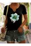 Women's Green Floral Printed Half V-Neck Sleeves Regular Fit Casual T-Shirt