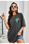 Flower Printed O Oversized Crew Neck Short Sleeve Women's Tshirt - 2