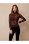 Brown Mock Neck Lace Detailed Sheer Blouse - 3