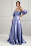Women's Stone Detailed Strapless Balloon Sleeves Lined Long Satin Dress - 3