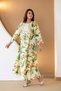 100% Cotton - Ladies A-line Maxi Tropical Floral Printed Embroidered Jalabiya (Cream Multi) - 2